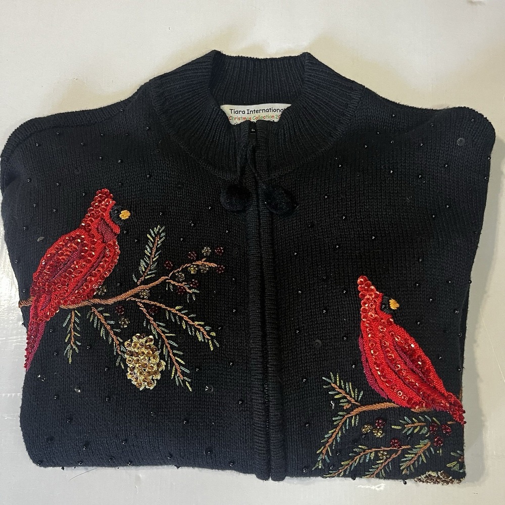 Tiara International Women's Cardigan Sweater L Cardinals Black Full Zip Vintage